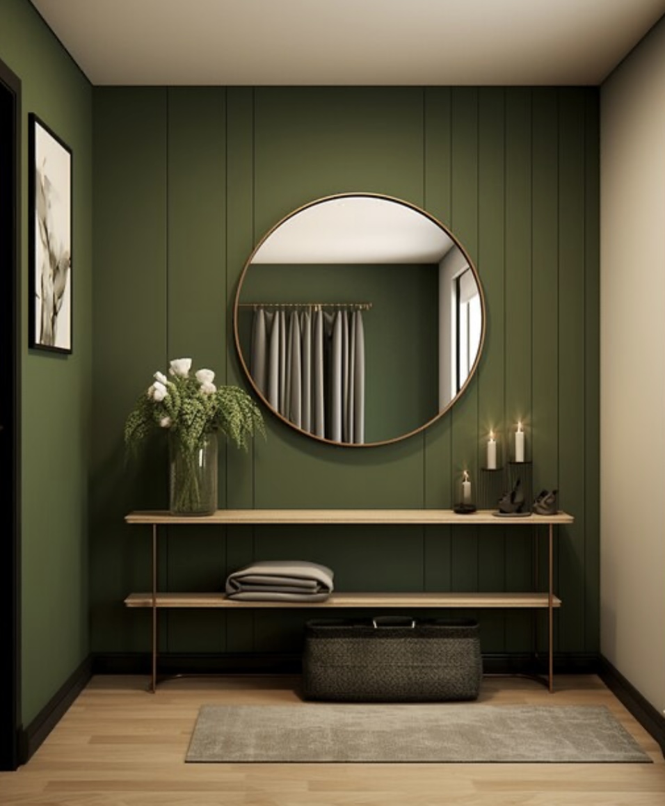 Deep green paneled entryway with round mirror