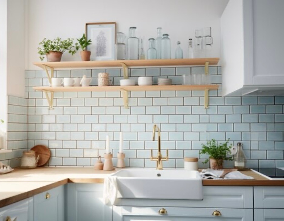 Coastal kitchen with blue subway tile and brass fixtures