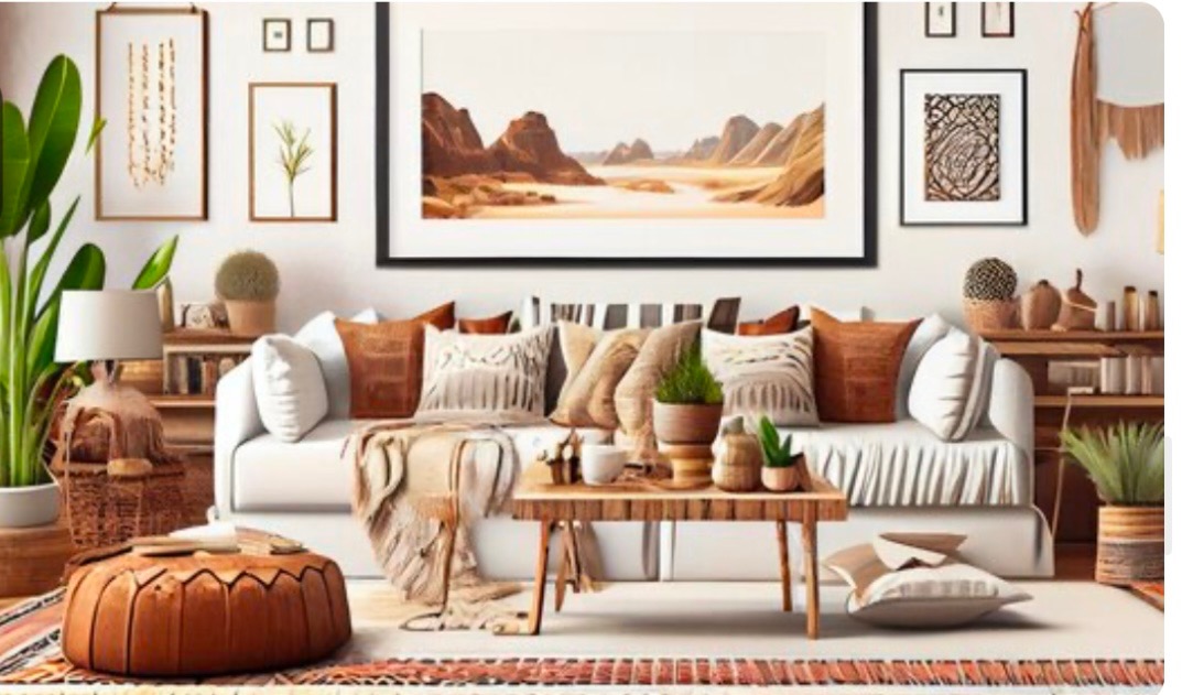 Boho living room with white sofa and terracotta pillows
