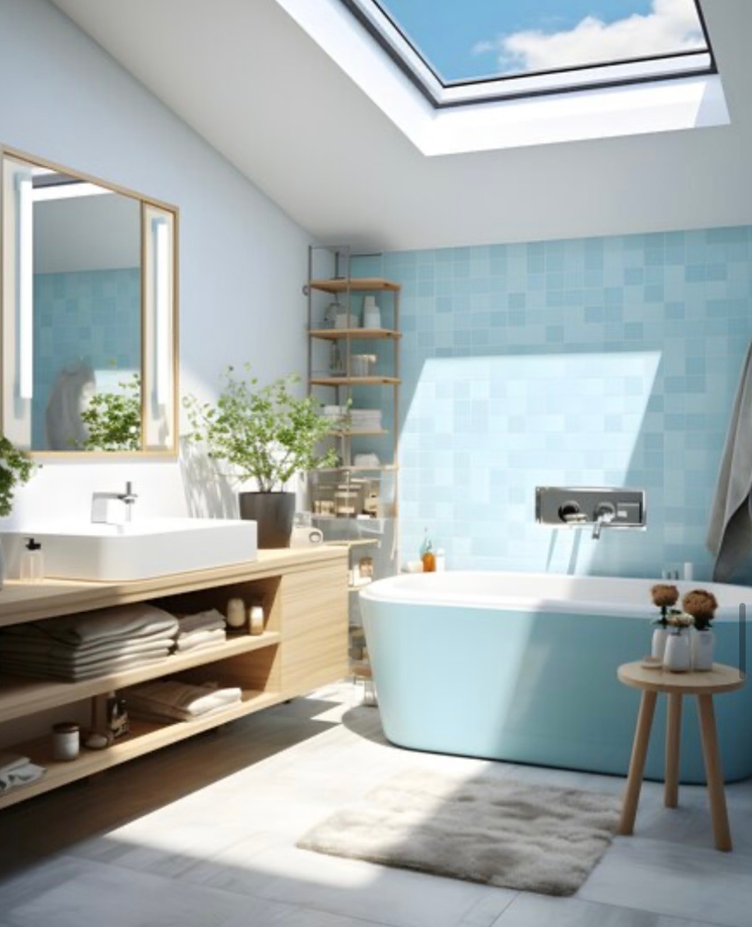 Blue tile bathroom with skylight and soaking tub