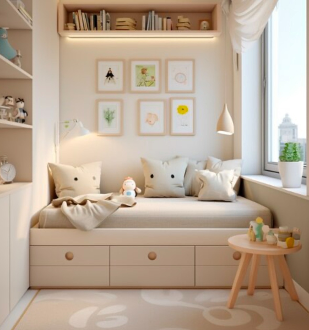 Cozy reading nook with cream daybed and pillows