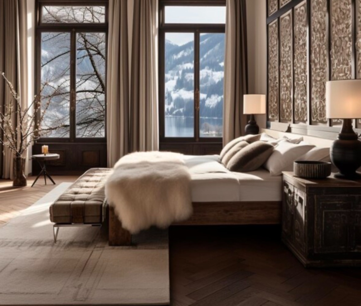 Luxury dark bedroom with mountain lake view