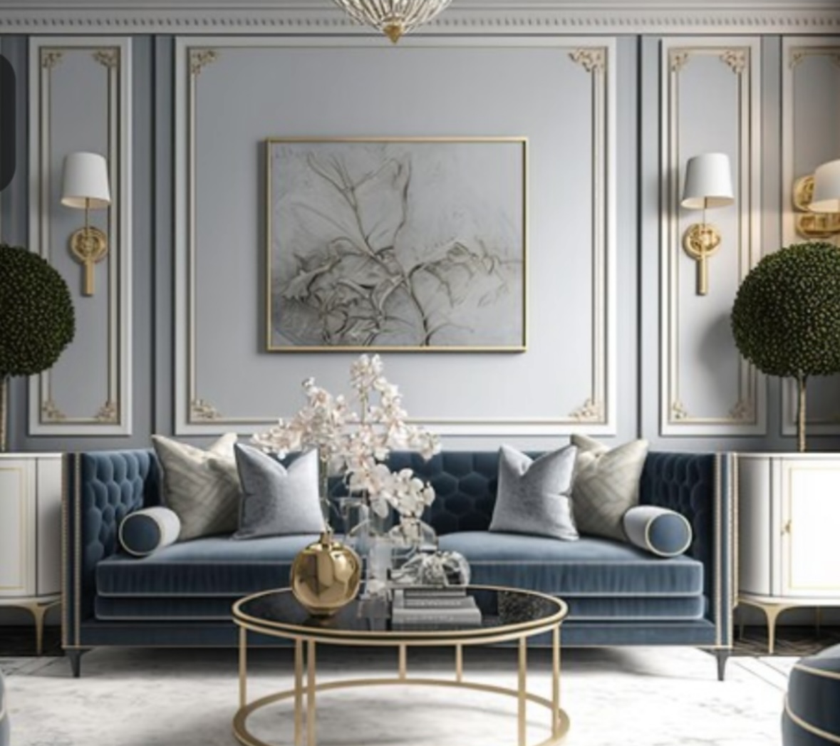 Blue velvet sofa with gold accents in a formal French living room