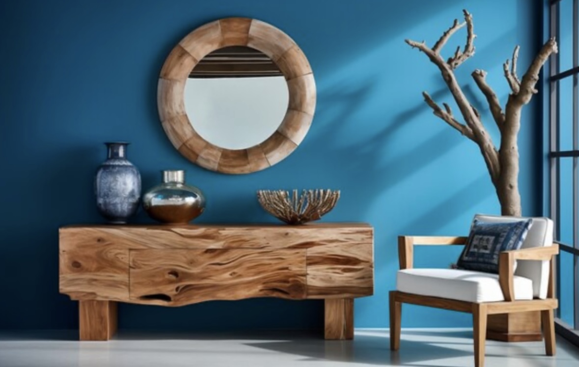 Cobalt blue wall with wood console and round mirror
