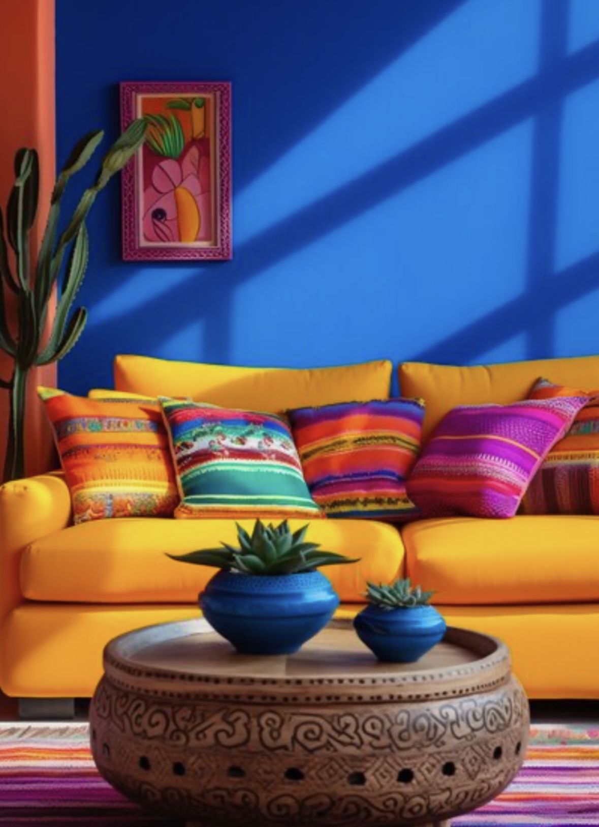 Vibrant blue wall with mustard sofa and colorful textiles