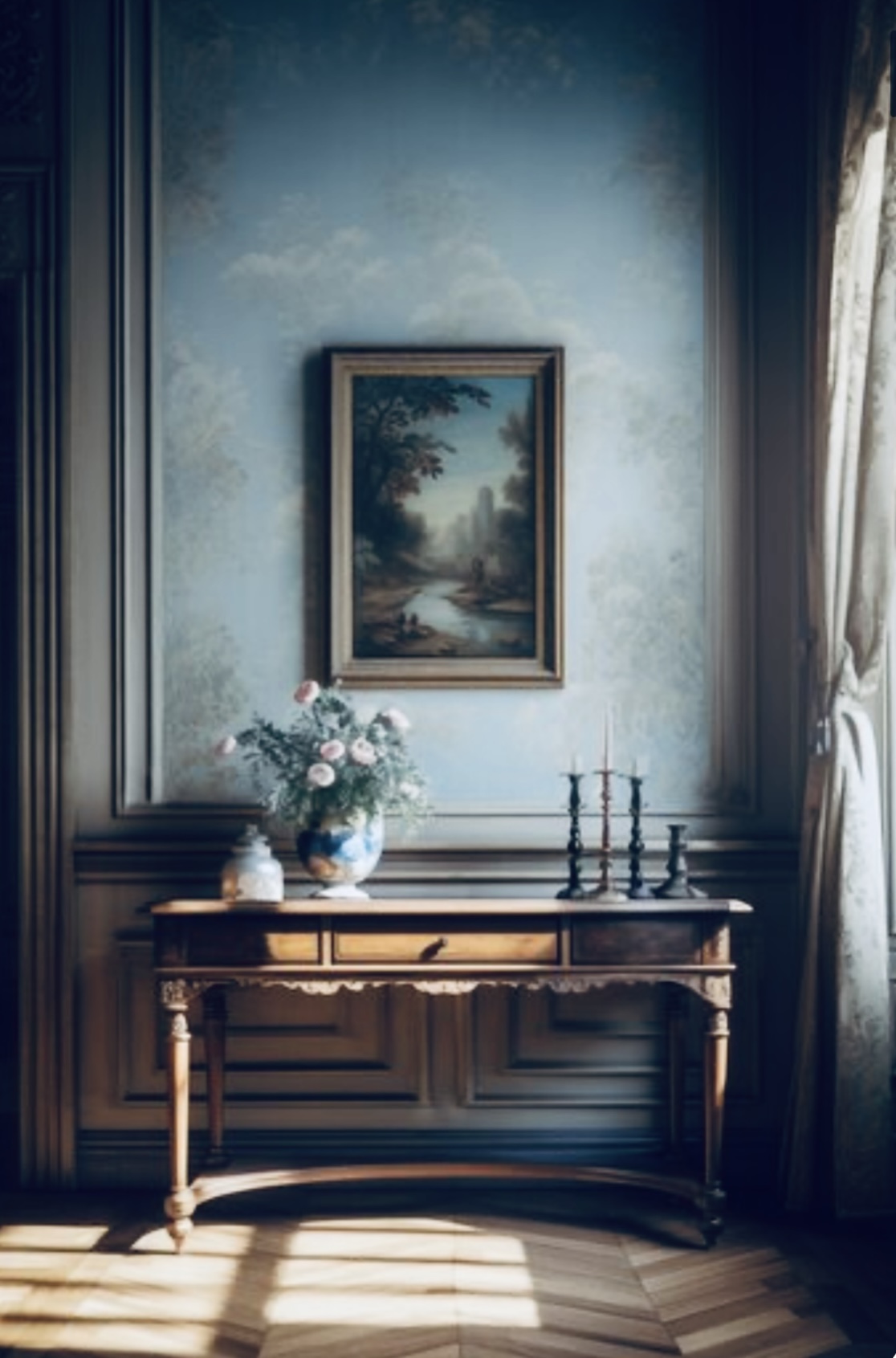 Elegant blue paneled room with antique console table