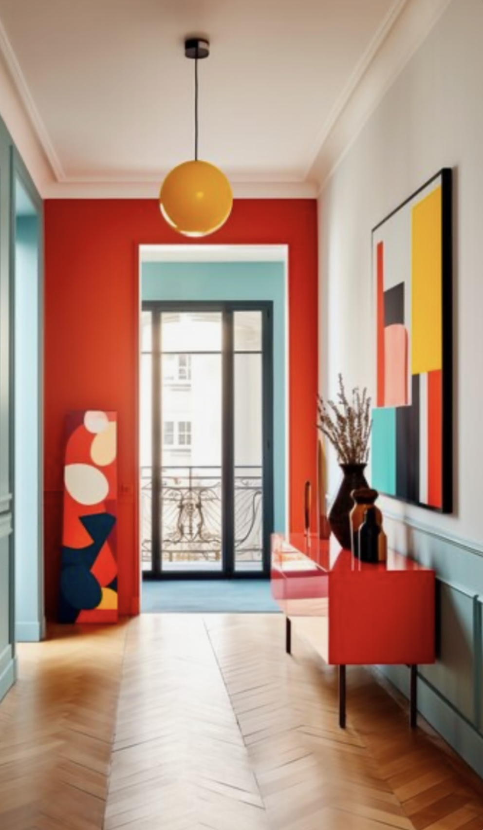 Red and orange hallway with herringbone floor and colorful art