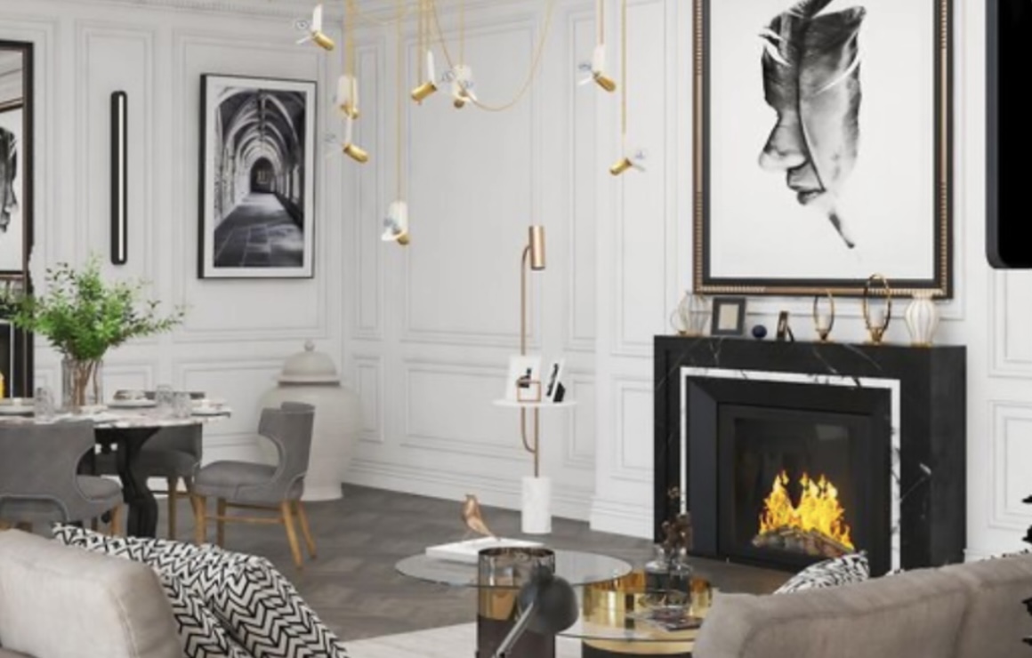 Elegant white living room with fireplace and gold accents